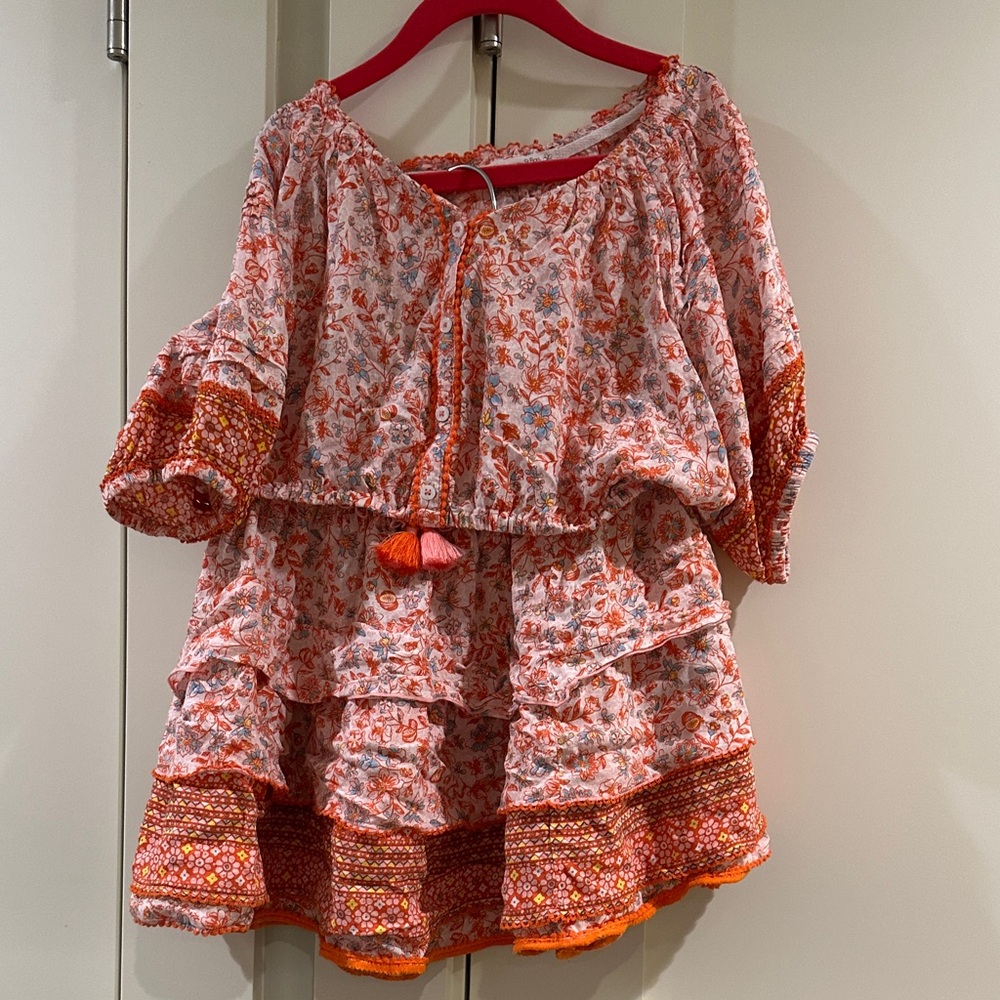 Poupette St Barth Floral Girls matching skirt and shirt - blue and Orange